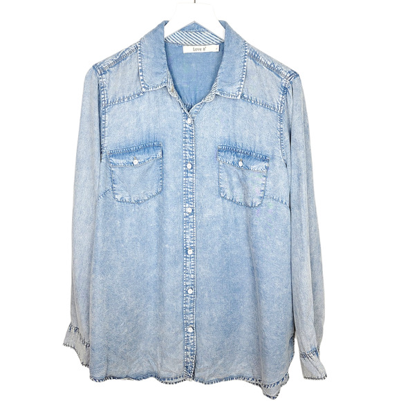 LOVE 8 Acid Wash Chambray 100% Lyocell Button Down Shirt - Size L - Picture 1 of 4